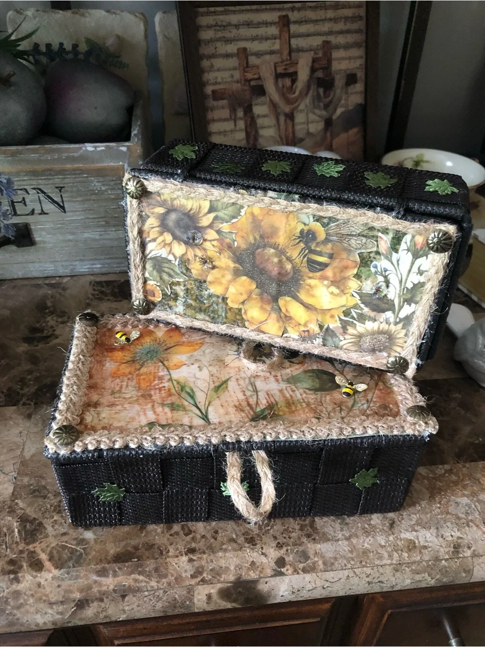Handcrafted Sunflower Decorative Storage Boxes - Black and Yellow